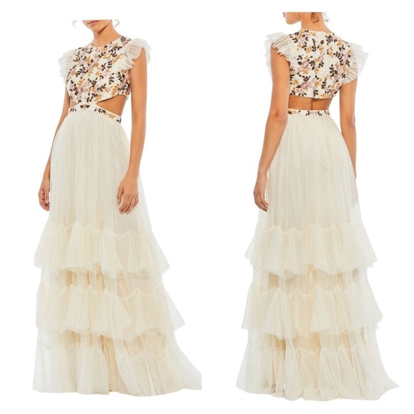 Mac Duggal 35106 Cream Embroidered Cutout Ruffle Maxi Gown Size 10 NWT